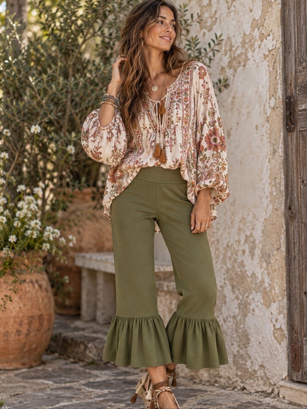 Matilda Jane Olive Green Boldly Go Big Ruffles Pull On Crop Pants Medium